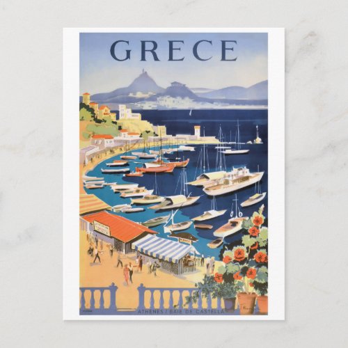 1955 Greece Athens Bay of Castella Travel Poster Postcard