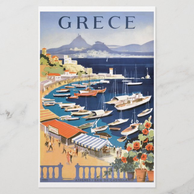 1955 Greece Athens Bay of Castella Travel Poster Stationery (Front)