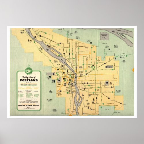 1955 Portland Oregon Trolley Streetcar Map Poster