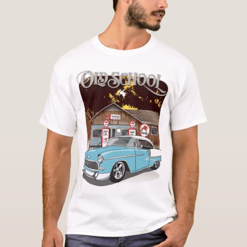1955 Skyline Blue Chevy Bel Air Old School Printed T_Shirt