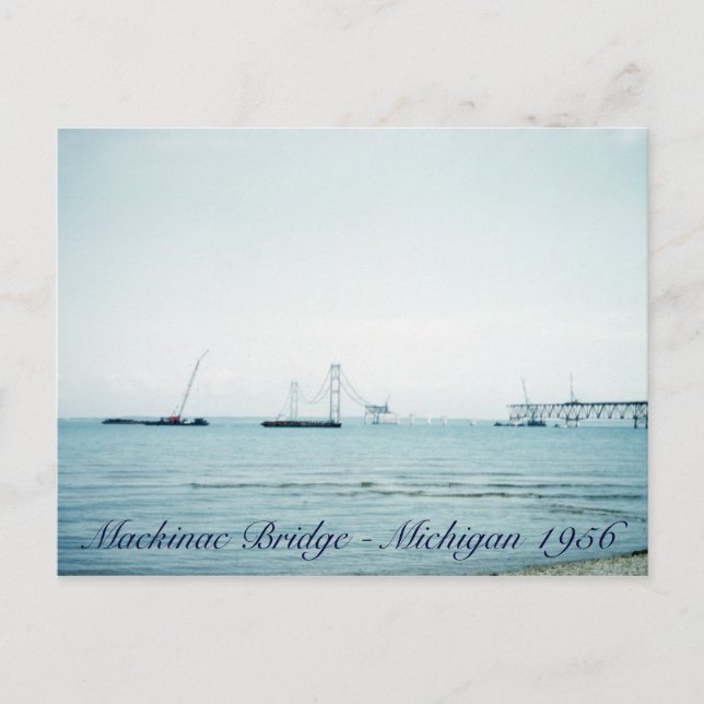 1956 Building of the Mackinac Bridge Michigan Postcard (Front)