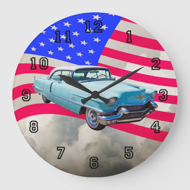 1956 Sedan Deville Cadillac And American Flag Large Clock (Front)
