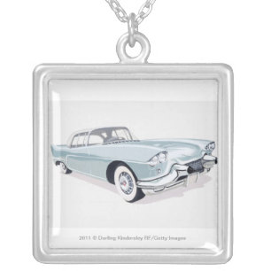 1957 Cadillac with silhouette of driver inside Silver Plated Necklace