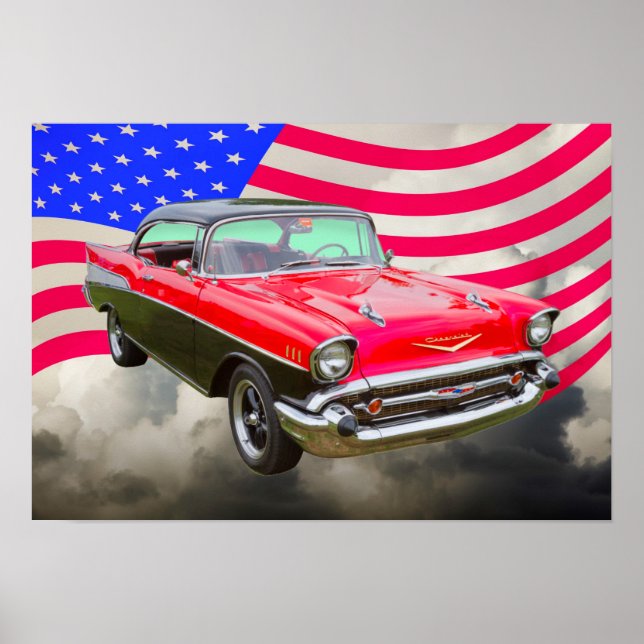 1957 Chevrolet Bel Air And American Flag Poster (Front)