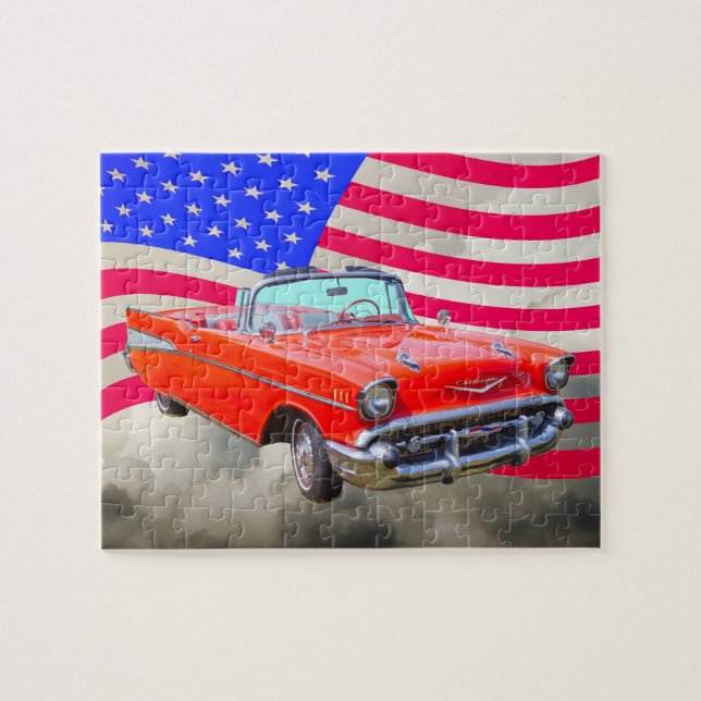 1957 Chevrolet Bel Air And US Flag Jigsaw Puzzle (Horizontal)