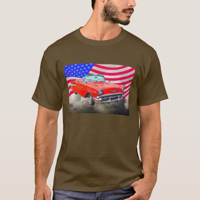 1957 Chevrolet Bel Air And US Flag T-Shirt (Front)