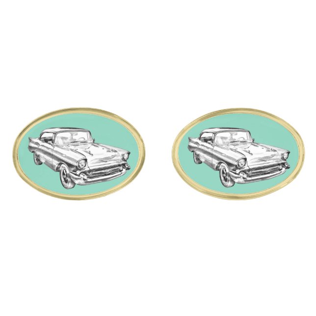 1957 Chevy Bel Air Classic Car Illustration Gold Cufflinks (Front)