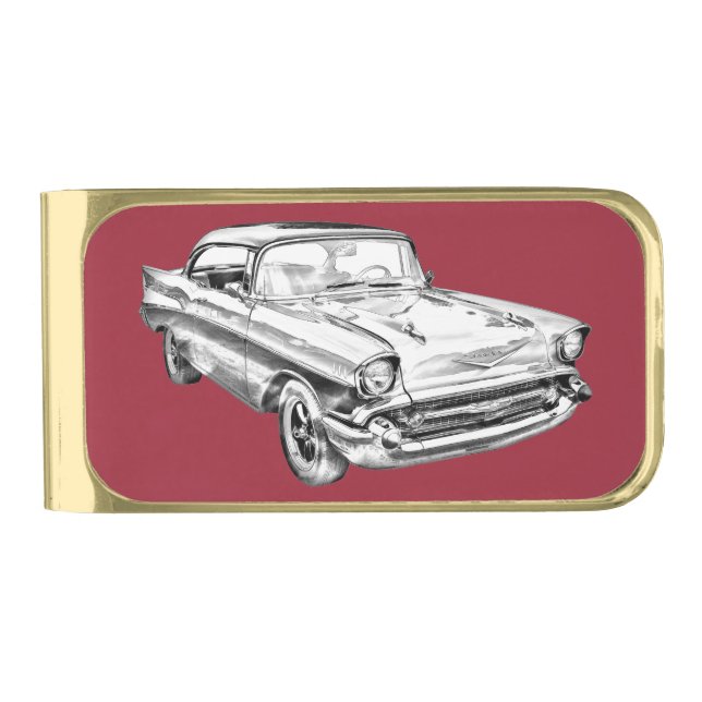 1957 Chevy Bel Air Classic Car Illustration Gold Finish Money Clip (Front)