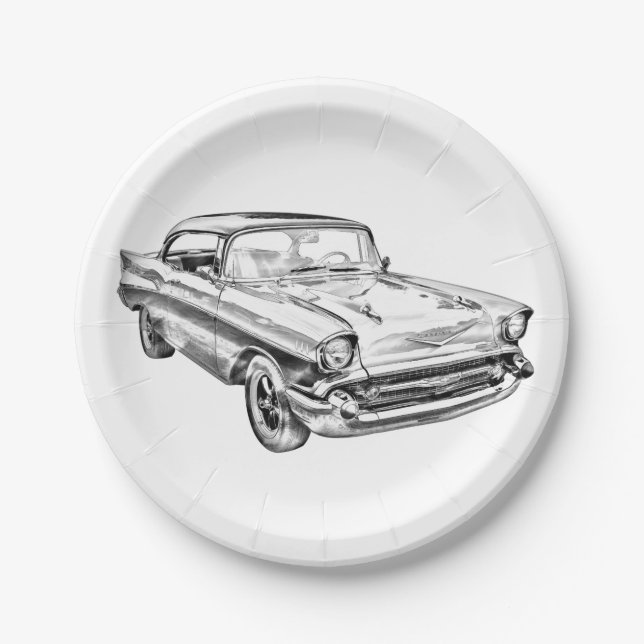 1957 Chevy Bel Air Classic Car Illustration Paper Plates (Front)