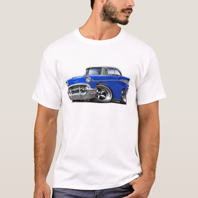 1957 Chevy Belair Blue-White Hot Rod T-Shirt (Front)