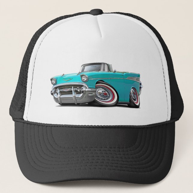 1957 Chevy Belair Turquoise Convertible Trucker Hat (Front)