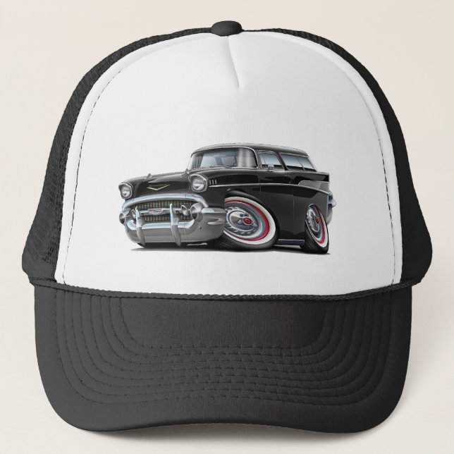 1957 Chevy Nomad Black Car Trucker Hat (Front)