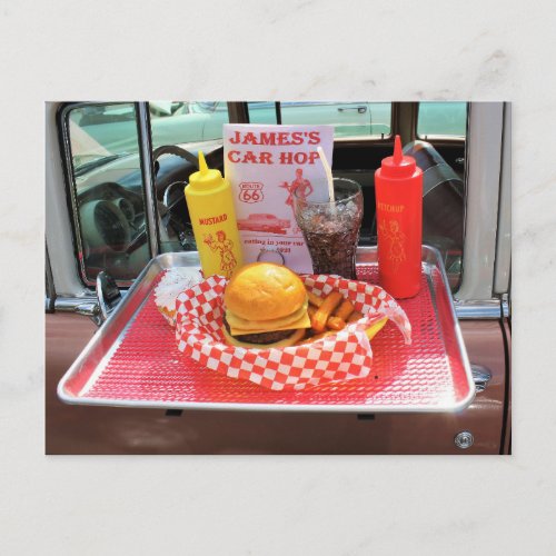 1957 Classic Car With Diner Serving Tray Postcard