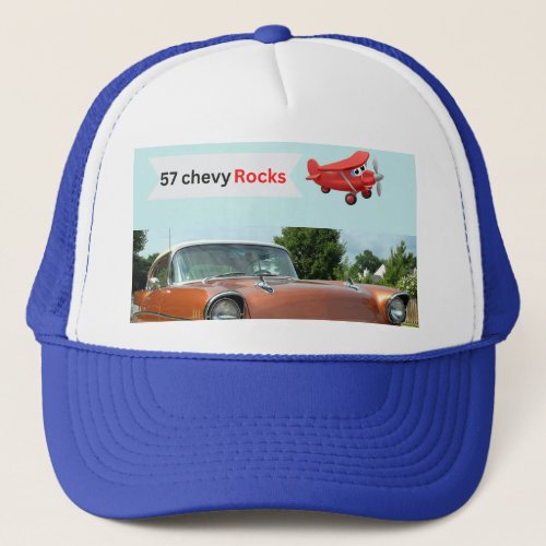1957 classic chevy car and airplane    trucker hat