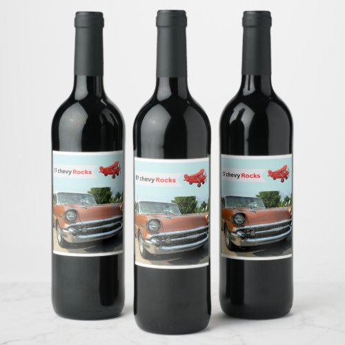 1957 classic chevy car and airplane  wine label