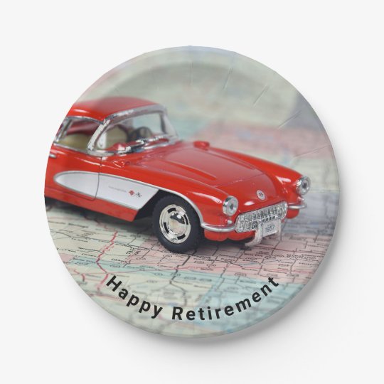 1957 red Corvette on map retirement Paper Plate