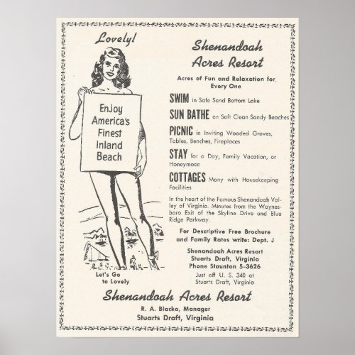 1957 Shenandoah Acres Resort VIRGINIA Poster