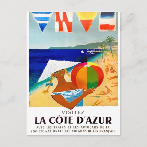 1957 Visitez La Cote DAzur French Travel Poster Postcard