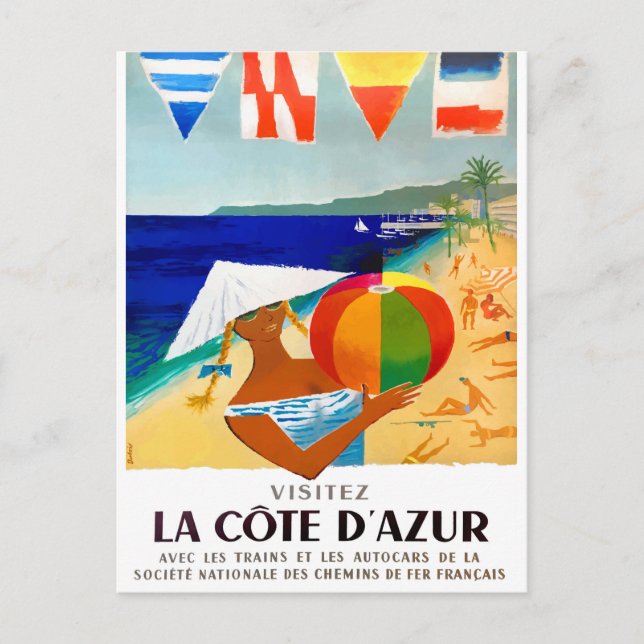 1957 Visitez La Cote D’Azur French Travel Poster Postcard (Front)