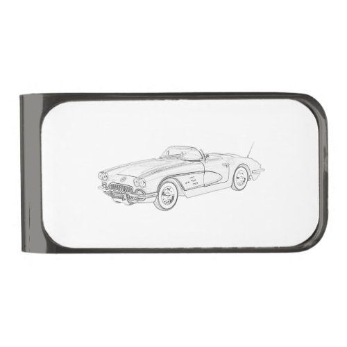 1958 Chevy Corvette Black and White Drawing Gunmetal Finish Money Clip