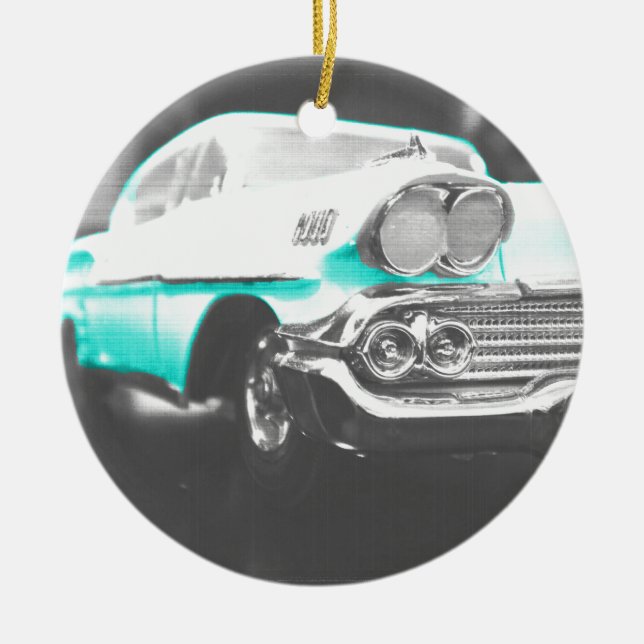 1958 chevy impala bright blue classic car ceramic ornament (Front)