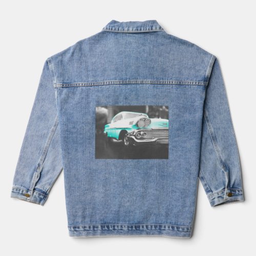1958 chevy impala bright blue classic car denim jacket
