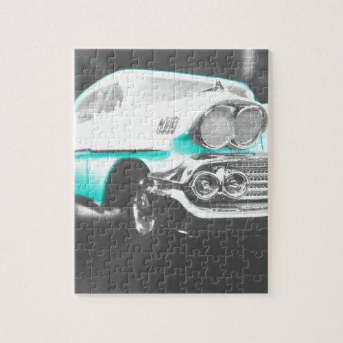 1958 chevy impala bright blue classic car jigsaw puzzle