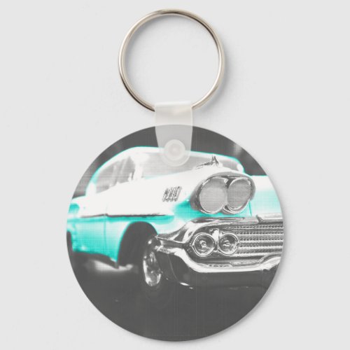 1958 chevy impala bright blue classic car keychain