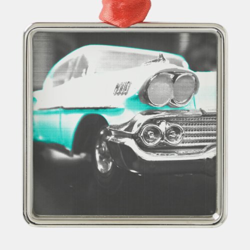 1958 chevy impala bright blue classic car metal ornament