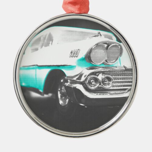 1958 chevy impala bright blue classic car metal ornament