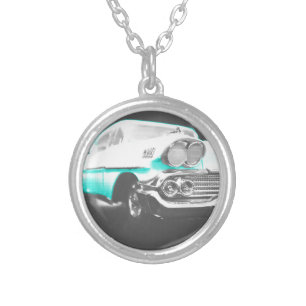 1958 chevy impala bright blue classic car silver plated necklace