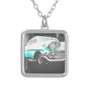 1958 chevy impala bright blue classic car silver plated necklace