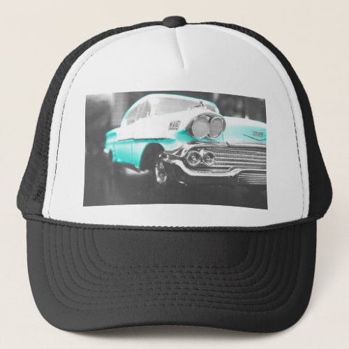 1958 chevy impala bright blue classic car trucker hat