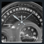 1958 Classic Sports Car Speedometer Square Wall Clock<br><div class="desc">This clock in monochrome for more of the retro look featuring speedometer from a very famous make & model sports car with those one of a kind odometer numerals is perfect for anyone who loves classic cars & looks great in any room or garage.</div>