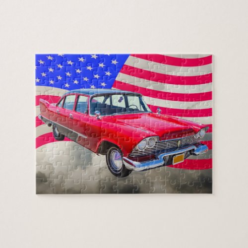 1958 Plymouth Savoy Car With American Flag Jigsaw Puzzle