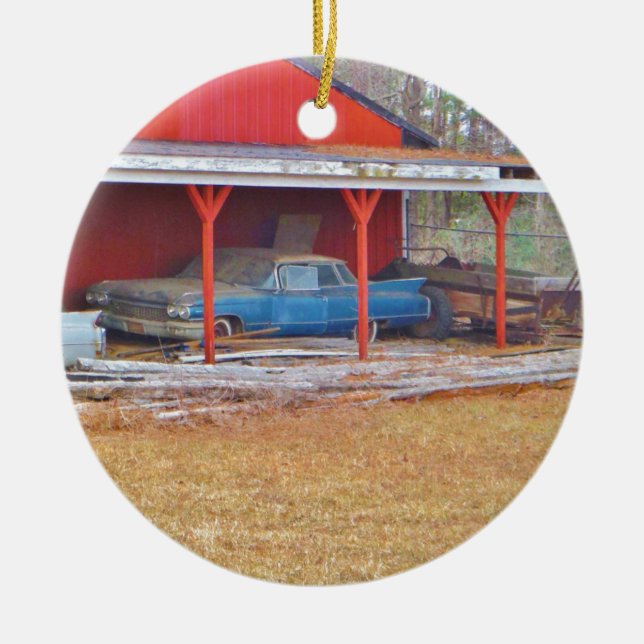 1960 BLUE SADAND DEVILLE Antique car Ceramic Ornament (Front)