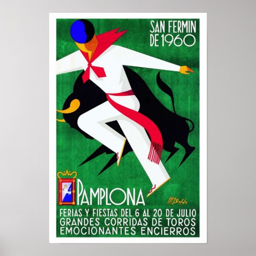 1960 Pamplona Spain Running of the Bulls Poster