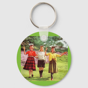 1960 teenage girls with books on their heads keychain