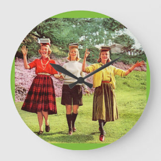1960 teenage girls with books on their heads large clock