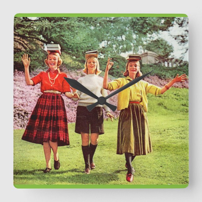 1960 teenage girls with books on their heads square wall clock (Front)