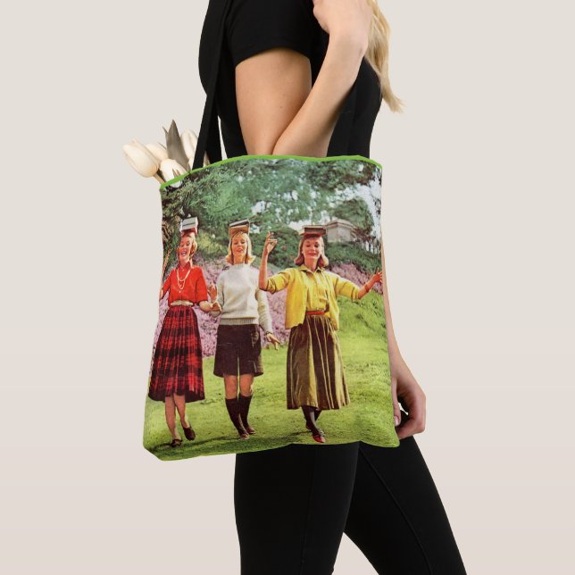1960 teenage girls with books on their heads tote bag (Close Up)