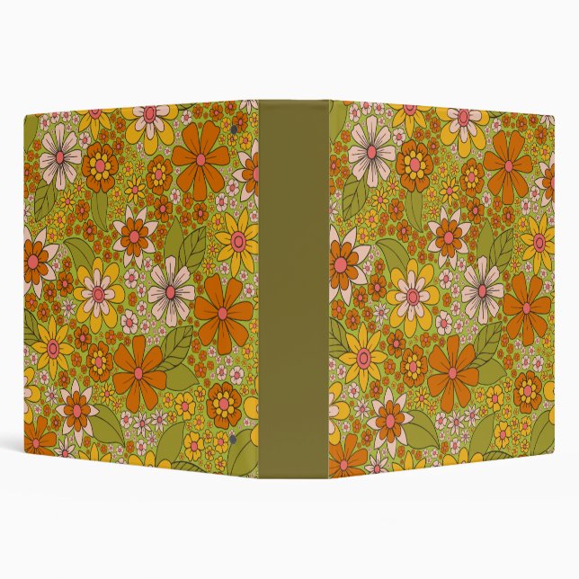 1960s, 1970s Green & Orange Retro Floral 3 Ring Binder (Background)