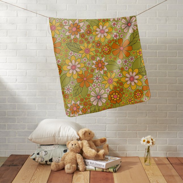 1960s, 1970s Green & Orange Retro Floral Baby Blanket (In Situ)