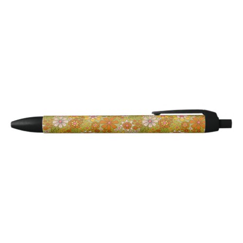 1960s 1970s Green  Orange Retro Floral Black Ink Pen