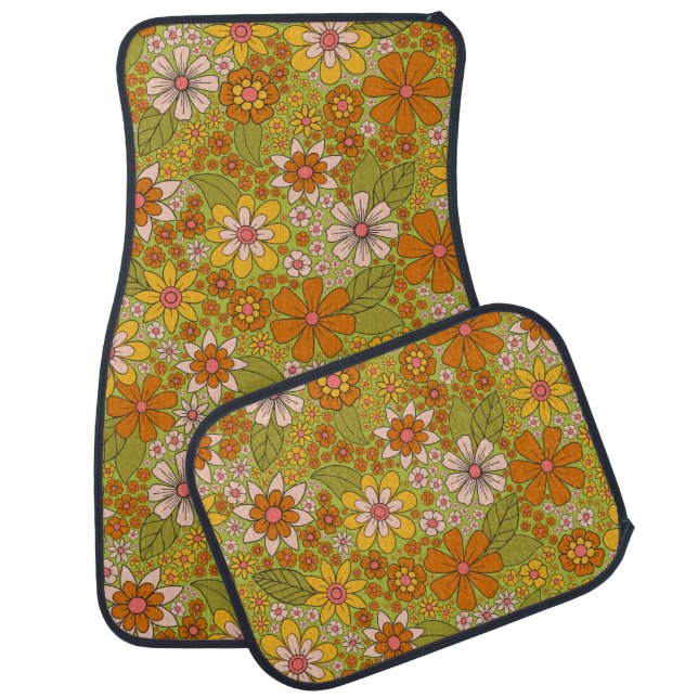 1960s, 1970s Green & Orange Retro Floral Car Floor Mat (Set)