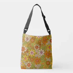 1960s, 1970s Green & Orange Retro Floral Crossbody Bag