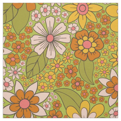 1960s 1970s Green  Orange Retro Floral Fabric