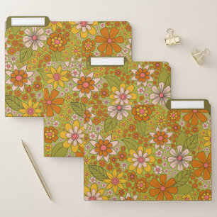 1960s, 1970s Green & Orange Retro Floral File Folder