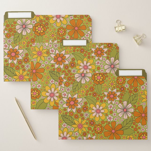 1960s, 1970s Green & Orange Retro Floral File Folder (Set)