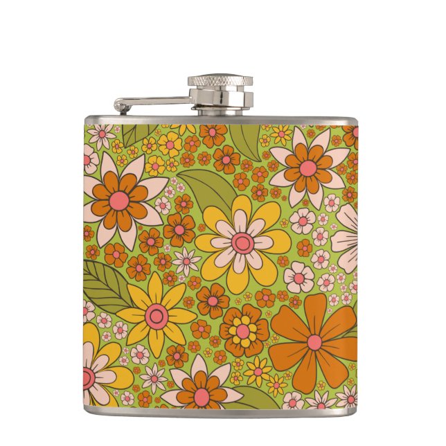1960s, 1970s Green & Orange Retro Floral Flask (Front)